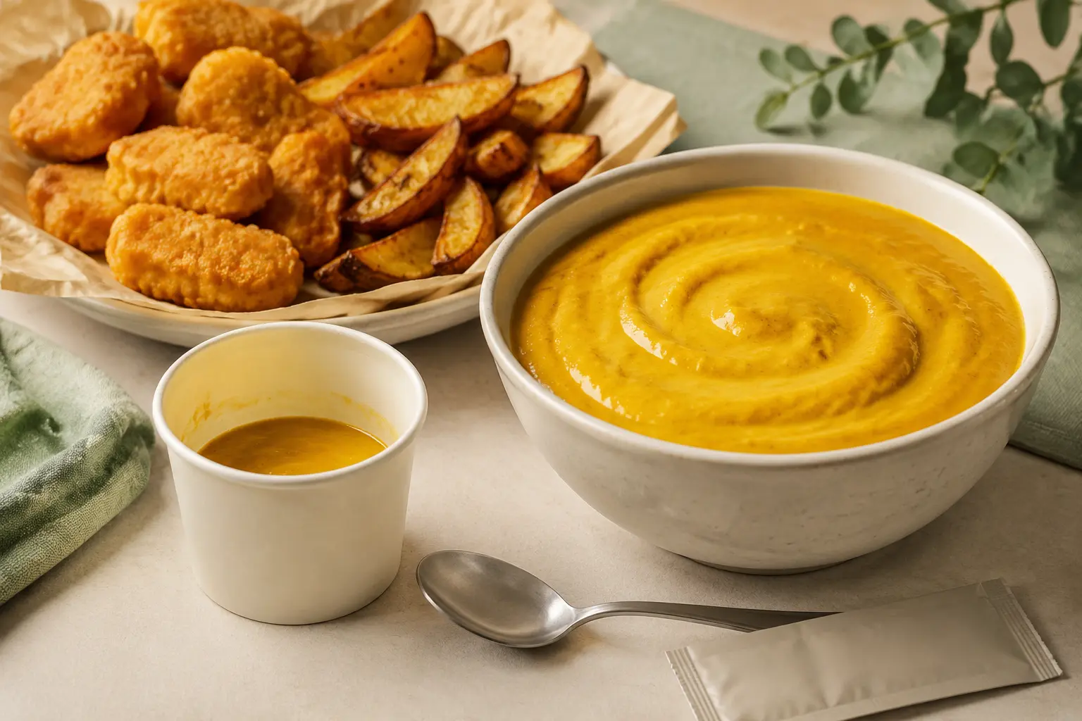 Chicken Nuggets mit kleiner Currysauce und einer großen Schüssel aufgewerteter Eden-Proteinsauce